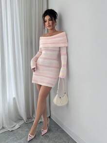 Elenzga Vestido de punto ajustado con hombros descubiertos y rayas de colores para mujer - Multicolor - Ver 3