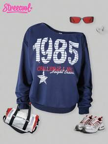 SHEIN Explorewe Streecool Teen Girls Navy Blue Sweatshirt,Autumn Streetwear Back-To-School Holiday,American Campus Style Oblique Shoulder Number Graphic Long Sleeve - Royal Blue - View 2
