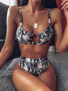 Swim SXY 2pcs/Set Low Cut High Waist Snakeskin Print Bikini Swimsuit - Multicolor - View 1