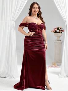 Coutiva 优雅性感上半身透视牡丹亮片刺绣拼接针织缎面下摆高开叉褶皱裹臀鱼尾下摆晚礼服、婚礼嘉宾、毕业典礼礼服 - 酒紅色 - 查看 3