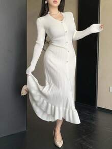 DAZY V-Neck Slim Fit Knit Dress, Suitable As Undershirt For Coats, Sweaters In Autumn/Winter - White - View 5