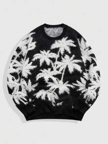 ROMWE MEN Men's Casual Coconut Tree Pattern Crew Neck Long Sleeve Sweater, Autumn/Winter - Black and White - View 1