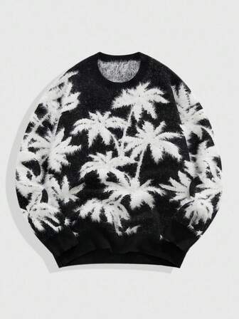 Street Life Pull col rond à manches longues avec motif d'arbre de noix de coco, style décontracté, automne/hiver pour hommes