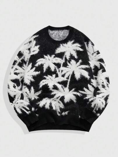Street Life Suéter de cuello redondo de manga larga con estampado de árbol de coco, informal para hombre, otoño/invierno