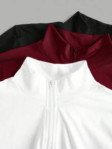 Slaydiva 3 件套女士简约休闲秋冬 V 领弹力半拉链 T 恤，紧身长袖，白色+黑色+灰色 - 彩色 - 查看 6