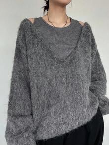 FRIFUL 女士二合一拼接宽松露肩加厚保暖套头衫，秋季 - 灰色 - 查看 3