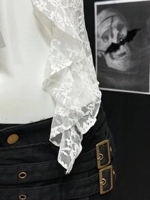 SHEIN PETITE 女士性感系带V领短款上衣，夏季 - 白色 - 查看 4