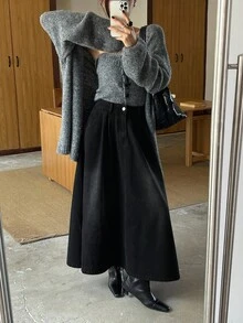 DAZY 女士A字牛仔裙，宽松休闲优雅 - 黑色 - 查看 5