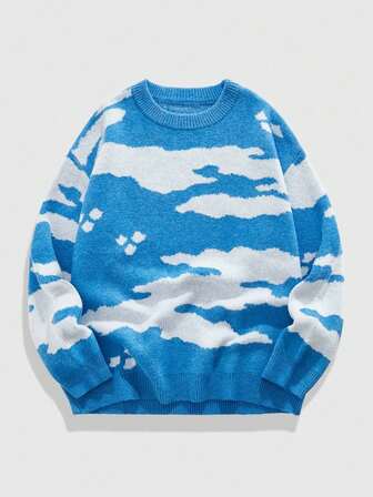 Street Life Men's Round Neck Blue Sky & White Cloud Knit Sweater, Street Fashion, Fall Winter