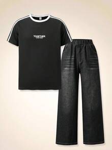 SHEIN Explorewe Teen Boy Street Fashion Round Neck Letter Print T-Shirt - Black - View 1