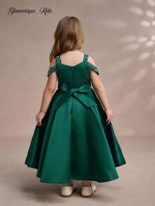 Glamorique Kids 四季女童婚礼宾客/花童礼服，露肩无袖连衣裙，优雅缎面亮片装饰绿色礼服，适合特殊场合 - 墨綠色 - 查看 2