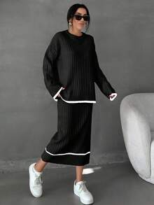 EURMUSE Women Striped Detailed Sweater Long Skirt Set Co-Ords - Black - View 7