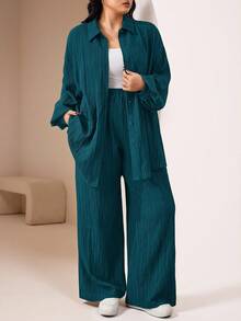 Veilorie 2pcs Plus Size Casual Solid Color Textured Long Sleeve Shirt And Pants Set, Autumn 2 Pieces Set - Teal Blue - View 3