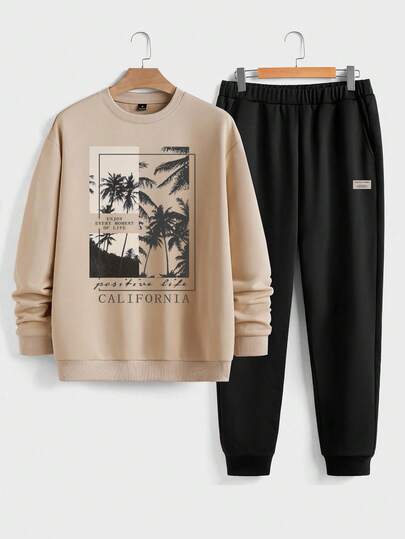 Manfinity Homme 棕榈树和热带度假拼色字母错位印花男士标准卡其色圆领运动衫和黑色运动裤套装，秋季服装，舒适服装