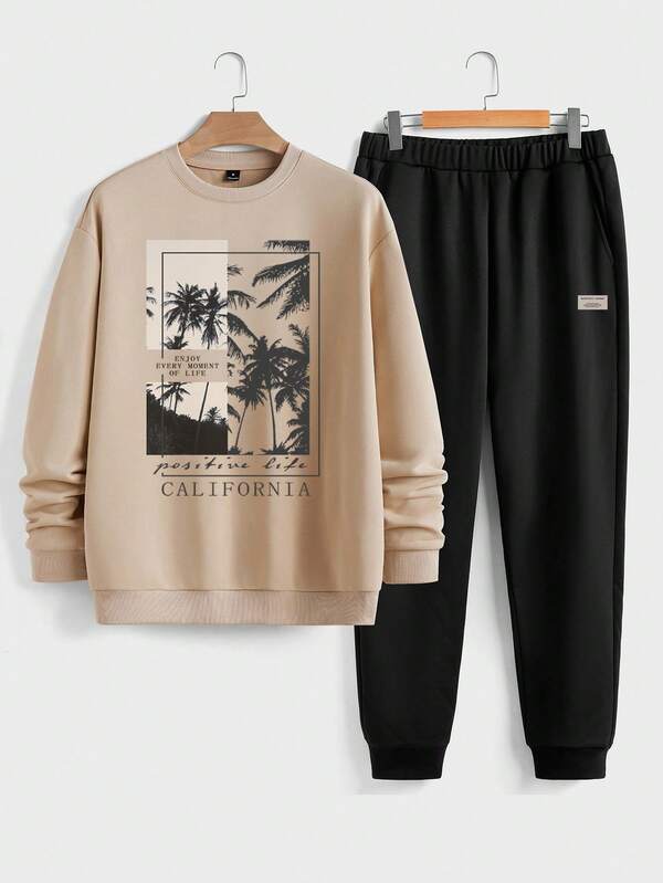 Manfinity Homme Palm Tree & Tropical Vacation Colorblock Letter Misaligned Print Men's Standard Khaki Crew Neck Sweatshirt & Black Sweatpants Set, Fall Clothes, Cozy Outfits