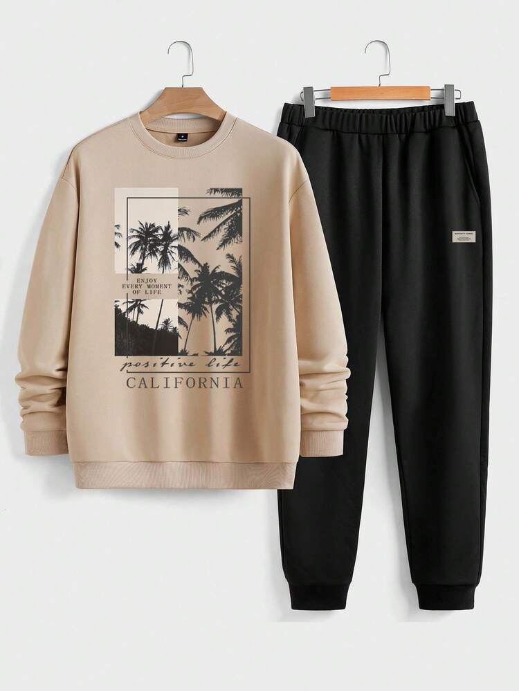 Manfinity Homme 棕榈树和热带度假拼色字母错位印花男士标准卡其色圆领运动衫和黑色运动裤套装，秋季服装，舒适服装 - 彩色 - 查看 1