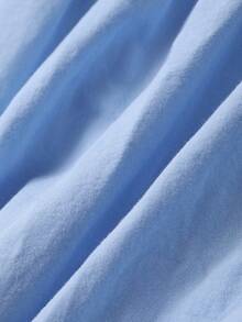 DAZY 年轻女孩拼色泡泡袖宽松休闲衬衫 - 藍色 - 查看 7