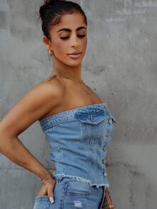 SAYEHFBABY 毛邊下擺鈕扣前筒牛仔上衣 - 淺色水洗藍 - 查看 5