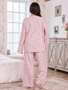 CottageSlumber 大码碎花荷叶边领长袖睡衣套装，秋季服装