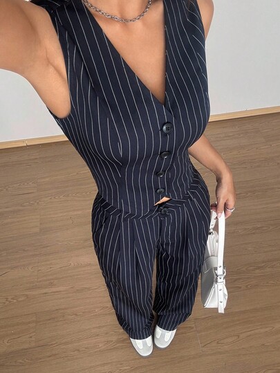 Flirla Women Front Button Sleeveless Striped Top And Long Pants Suit Set.Summer Outfits For Women