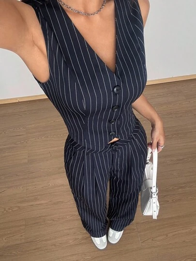 SHEIN Unity Conjunto de top sin mangas con botones frontales a rayas y pantalones largos para mujer