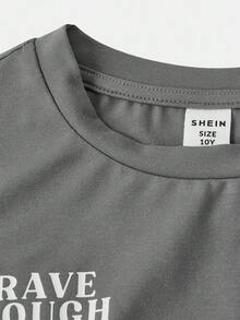 Girlism 青少年女孩纯色圆领针织腰部褶皱弧形下摆合身字母和数字印花休闲学院风 T 恤上衣和褶皱工装裤套装 - 灰色 - 查看 6