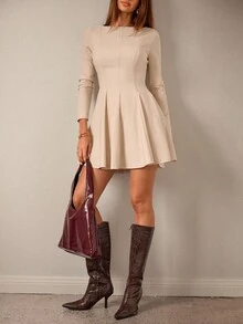 SHEIN BAE 杏色长袖修身荷叶边下摆迷你连衣裙，适合日常穿着、约会、派对、优雅鸡尾酒会、浪漫约会、聚会、正式活动、伴娘礼服、晚间外出 - 杏色 - 查看 6