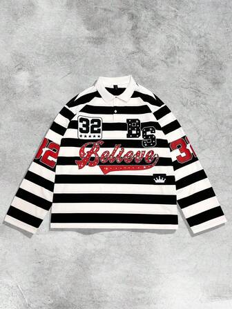 Street Life قميص بولو بأكمام طويلة فضفاض مزين بخطوط لامعة، خريف