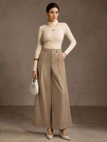 MOTF PREMIUM 女式卡其裤，独特设计，纽扣开合，高腰修身阔腿裤 - 卡其色 - 查看 3