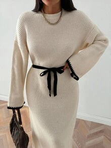 EURMUSE 大码套头毛衣裙下摆和袖子细节 - 黑與白 - 查看 6