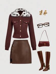 SHEIN MOD 卡其棕色拼布豹纹毛领优雅秋冬开衫 - 棕色 - 查看 2