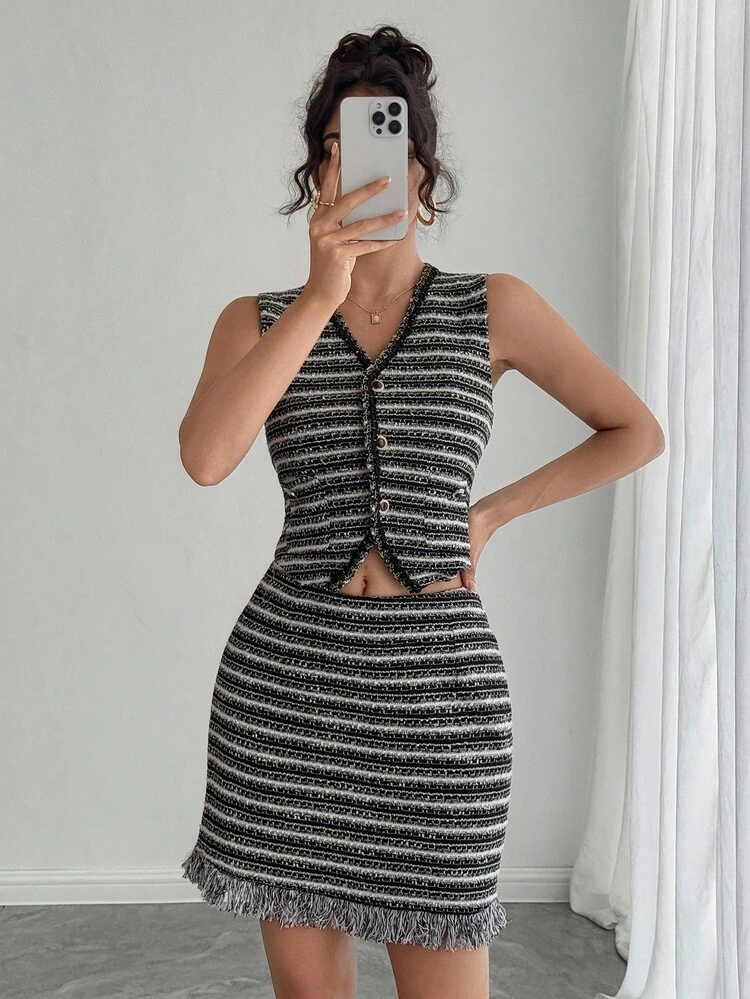 Women's Striped Single-Breasted Vest And Mini Skirt Fashion 2 Pieces Set