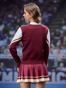 SHEIN Sports Women's Letter Striped Crew Neck Loose Fit Casual Sweater, Cheerleader Outfit - Red - View 2