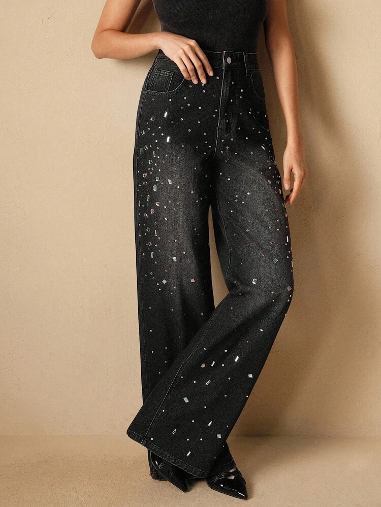 Women's New Rhinestone Embellished Black Straight Leg Pants, Suitable For Christmas, Dates