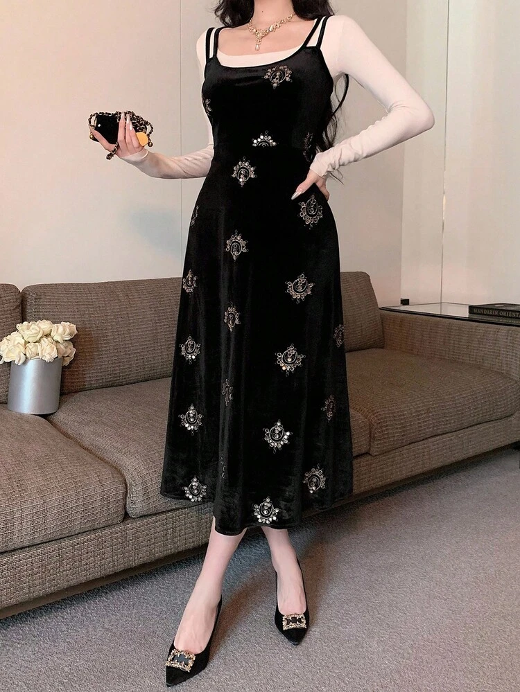 Women's Geometric Pattern Embroidered Elegant Dress With All-Over Print, Vacation Style Prom Dress Maxi Dress