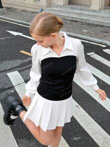 Sparklyn Teen Girl Casual Two-Tone V-Neck Lantern Sleeve Fitted Shirt, Spring/Autumn