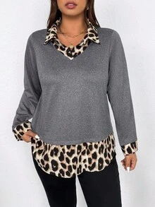 EMERY ROSE Plus Size Women Casual Printed 2 In 1 Shirt - Grey - View 3