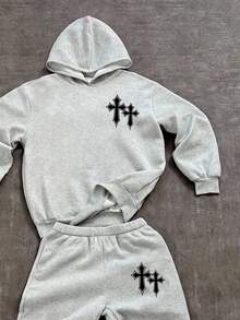 SHEIN Bolty 2pcs Tween Boy Casual Minimalist Long Sleeve Hoodie Sweatshirt And Pants Set, Suitable For Summer Fall Winter