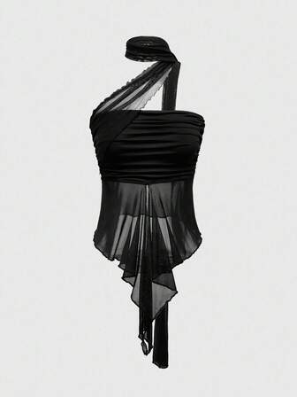 Goth Y2K Modern Brust Seitenraffung abnehmbare Netz Frauen Tube Top