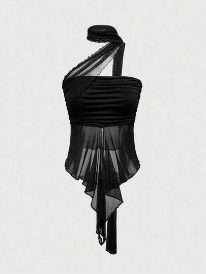 Goth Y2K Modern Chest Side Ruched Detachable Mesh Women Tube Top