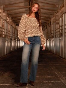 WESTFADE Floral Scoop Neck Long Sleeve Peplum Button Front Top Cute Fall Top For Women Country Concert - Yellow - View 2
