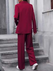 EMERY ROSE 女士纯色翻领长袖双排扣夹克和裤子休闲套装，秋季勃艮第西装女士西装外套套装女士西装勃艮第裤子女士西装正式女士西装
