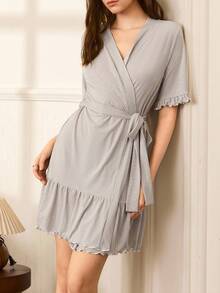 Moireta Bata cómoda y casual para mujer con dobladillo con volantes - Gris - Ver 6