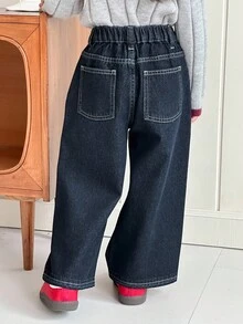年轻女孩休闲水洗阔腿牛仔裤 - 藍色 - 查看 6