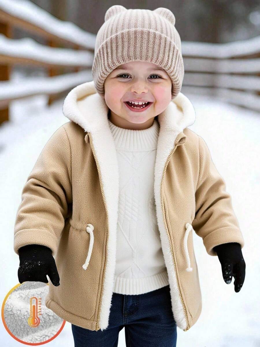 SHEIN Abrigo acolchado con capucha de manga larga para bebé/niño pequeño, chaqueta de invierno de forro polar grueso, diseño cómodo, casual, diario, elegante y minimalista, adecuado para interior, exterior, diario, deportes, juego, fiesta, sesión de fotos, festival, Halloween, Navidad, Año Nuevo - Albaricoque - Ver 1