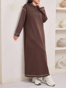 Veilorie 女式秋季撞色条纹字母印花长款连帽卫衣连衣裙 - 棕色 - 查看 4