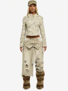 SUMWON WOMEN Cotton Women Fitted Camouflage Moto Jacket Urban Streetwear Zip Front Crop Military Fashion Fall Winter Outerwear With Mandarin Collar - Multicolor - View 2