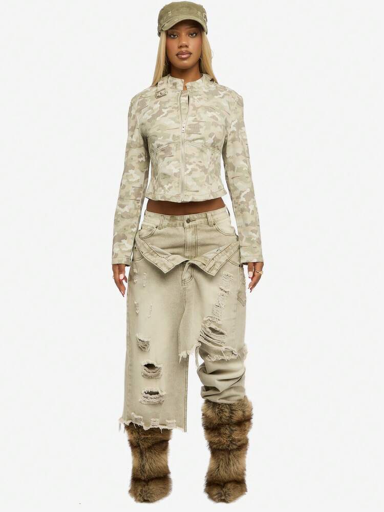 SUMWON WOMEN Cotton Women Fitted Camouflage Moto Jacket Urban Streetwear Zip Front Crop Military Fashion Fall Winter Outerwear With Mandarin Collar