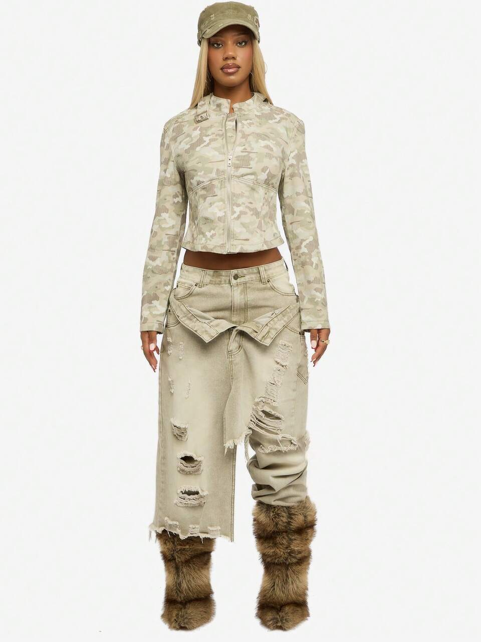 SUMWON WOMEN Fitted Camouflage Print Moto Jacket With Mandarin Collar