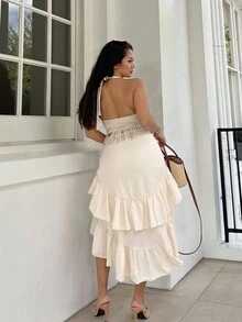 NegzBox Women's Creamy Apricot Summer Skirt With High-Low Hem ,Drawstring Ruffled Layered,Party Skirt,Boho Skirt,Lunch Skirt - Apricot - View 2